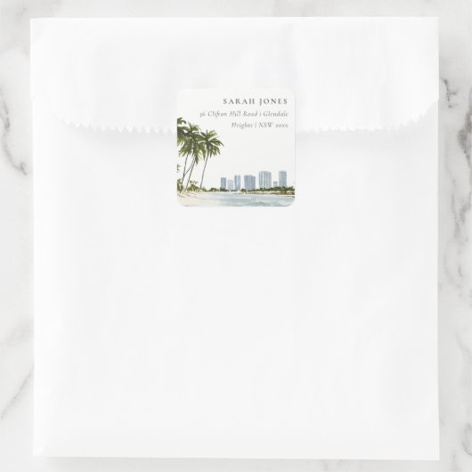 マイアミフロリダウォーターカラーパームランドスケープアドレス スクエアシール (バッグ)