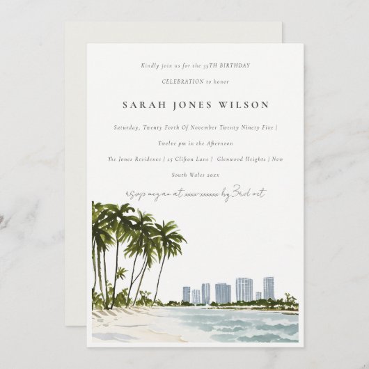 マイアミフロリダウォーターカラーパームランドスケープ誕生日 招待状 (正面/裏面)
