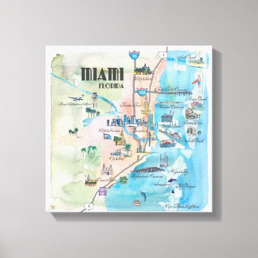 マイアミフロリダファインアートプリントレトロヴィンテージマップ キャンバスプリント (正面)