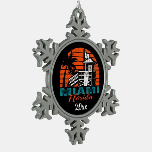 マイアミフロリダライフガードシャックサンセット スノーフレークピューターオーナメント (左)