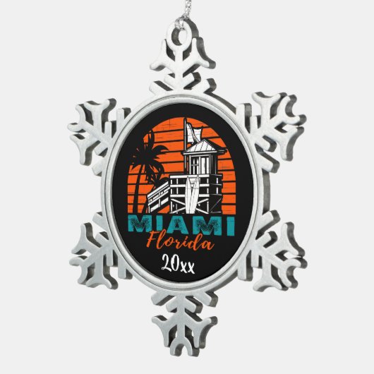 マイアミフロリダライフガードシャックサンセット スノーフレークピューターオーナメント (右)