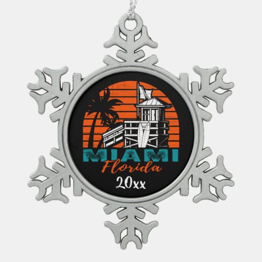 マイアミフロリダライフガードシャックサンセット スノーフレークピューターオーナメント (正面)