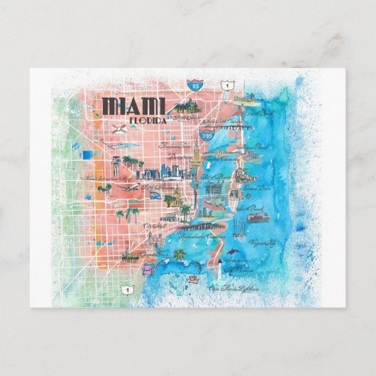 マイアミフロリ図解入りの、写真付きのダの地図 ポストカード (正面)