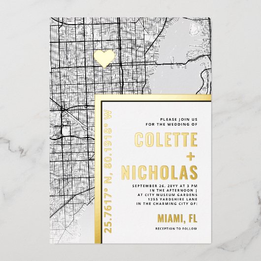 マイアミラブロケーター |シティテーマ結婚の 箔招待状 (正面)
