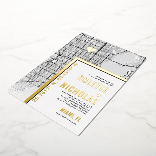 マイアミラブロケーター |シティテーマ結婚の 箔招待状 (回転した状態)