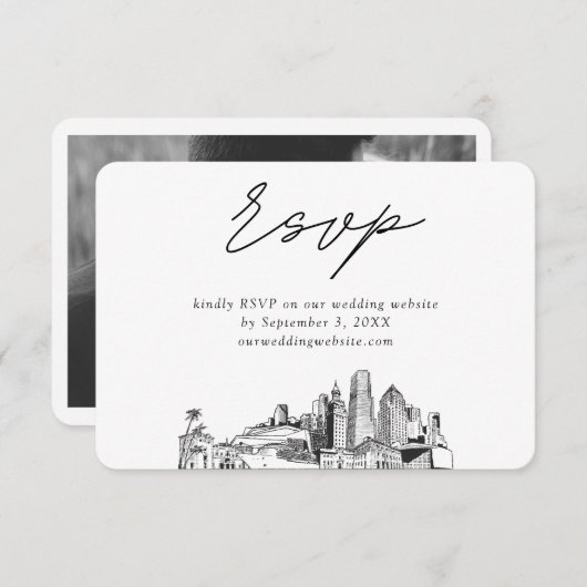 マイアミ結婚のミニマリストスケッチRSVP エンクロージャーカード (正面/裏面)