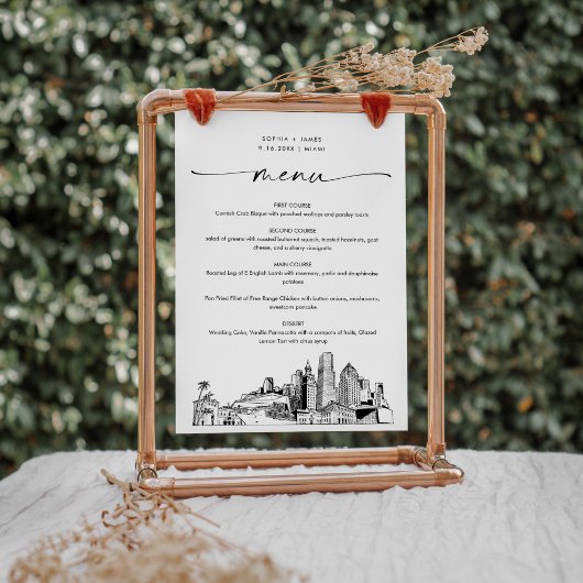 マイアミ結婚スカイラインのディナーメニューカード5x7