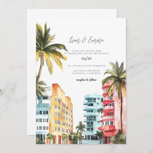マイアミ結婚式招待状ウォーターカラーヴィンテージ 招待状 (正面/裏面)