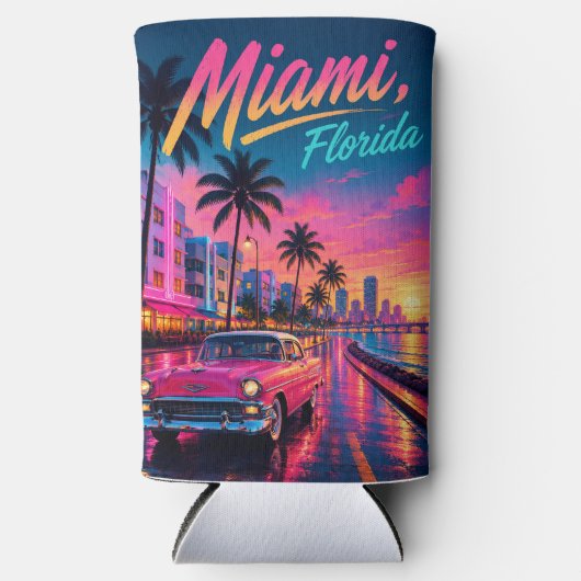 マイアミ フロリダ レトロ ネオン 夕焼け 旅行 スリム缶クーラー (正面)