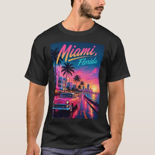 マイアミ フロリダ レトロ ネオン 夕焼け 旅行 Tシャツ (正面)