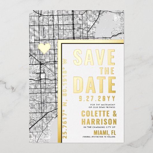 マイアミ ラブ ロケーター | 結婚式 Save the Date 箔招待状 (正面)