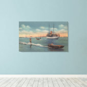 マイアミ， FL – ウォータースキーシーン、木製ボート キャンバスプリント (インサイチュ (ウッドフロア))