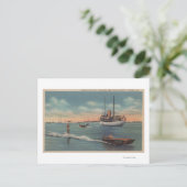 マイアミ, FL – ウォータースキーシーン、木製ボート ポストカード (スタンド正面)