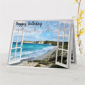 マイウィンドウを通るビーチシーン、誕生日カード カード (黄色い花)