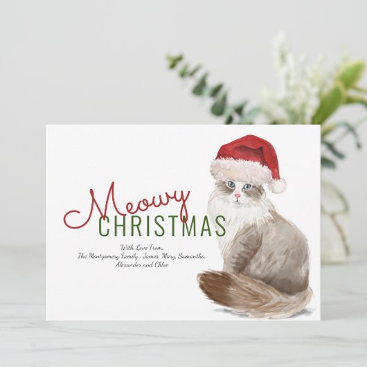 マイオウィクリスマスシベリア猫サンタハット水彩色 シーズンカード (スタンド正面)