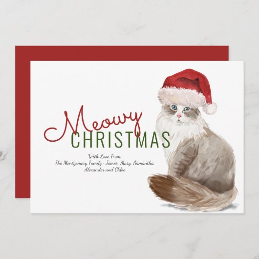 マイオウィクリスマスシベリア猫サンタハット水彩色 シーズンカード (正面/裏面)