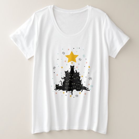 マイオウィクリスマスツリーおもしろい、猫クリスマスツリー プラスサイズTシャツ (デザイン正面)