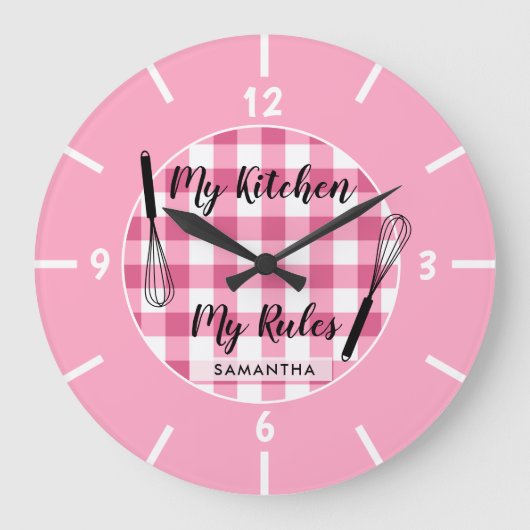 マイキッチンマイルールズピンクギンガムファームハウス ラージ壁時計 (正面)