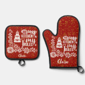 マイキッチン私のルール赤いグリッターフローラ縁ど可愛 鍋つかみ&鍋敷きセット (正面)