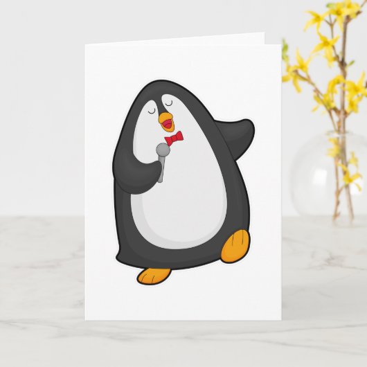マイクとネクタイをつけて歌うペンギン カード (黄色い花)