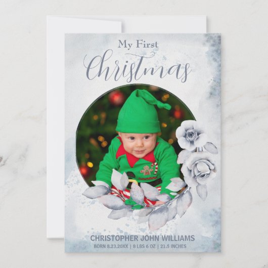 マイクリスマスシルバーフローラベビーフォトホリデー シーズンカード (正面)