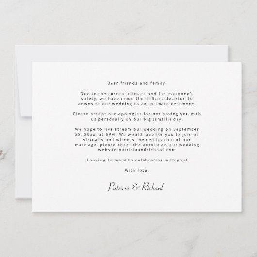マイクロダウンサイズの発表結婚を行う 招待状 (裏面)