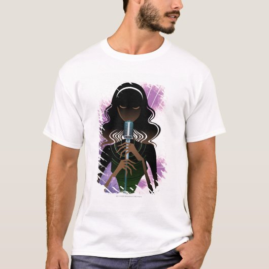マイクロフォンを握る女性のポートレート Tシャツ (正面)