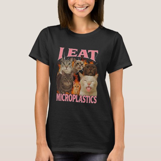 「マイクロプラスチックを食べる」面白い猫のミーム 偽物 メンズ Tシャツ (正面)