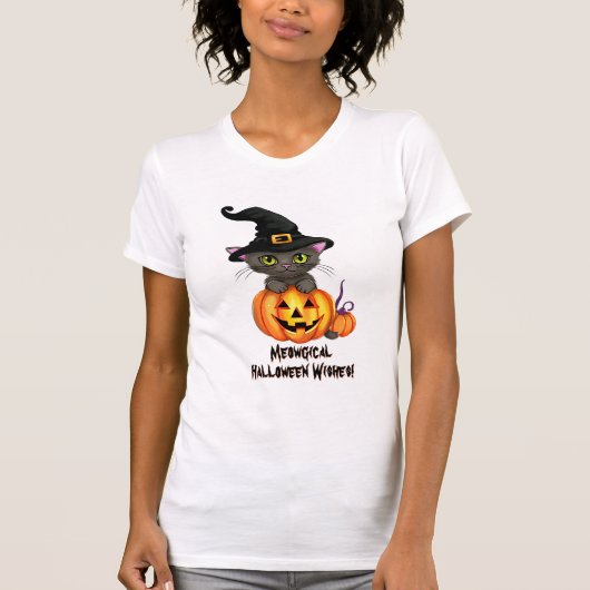 マイゴカルハロウィーンのウィズキャットウィッチハットカボチャ Tシャツ (正面)