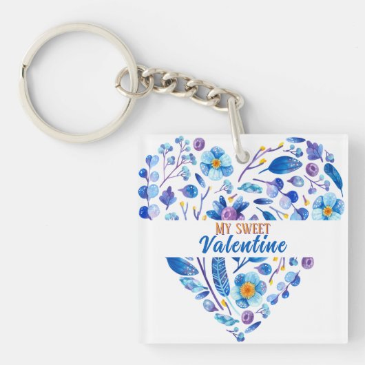 マイスイートバレンタインボタニカルブルーフローラハート キーホルダー (正面)