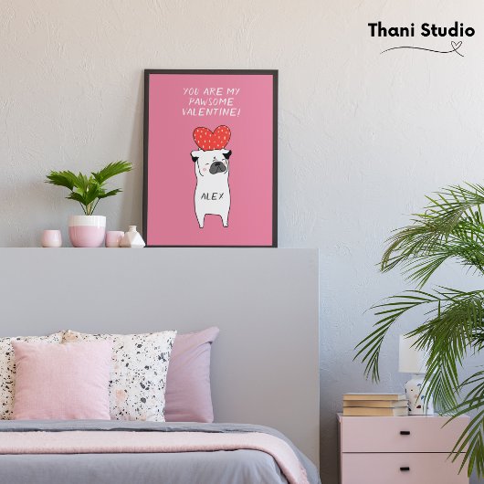 マイパウソールバレンタインキュートパグ&赤いハートピンク フォトプリント           