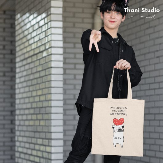 マイパウソールバレンタインキュートパグ&赤いハートブラック トートバッグ