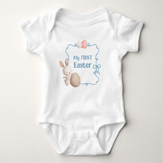 マイファーストイースターブルー男の赤ちゃん ベビーボディスーツ (正面)