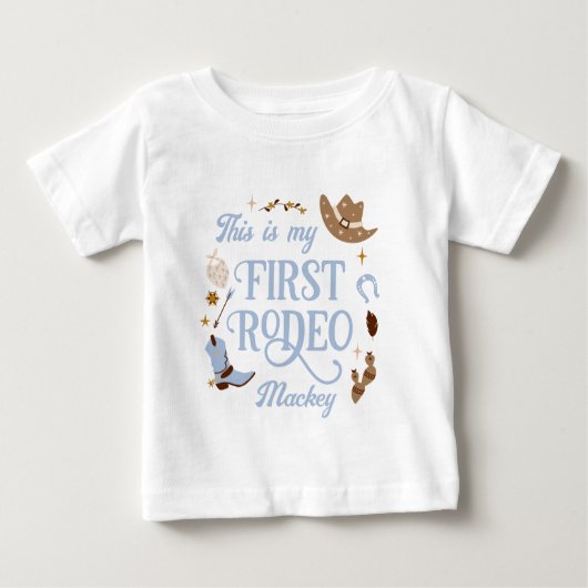マイファーストロデオカウボーイブルー誕生日 ベビーTシャツ (正面)