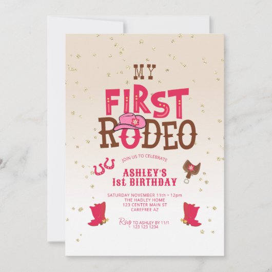 マイファーストロデオ女性のカーボーイクリーム1st誕生日 招待状 (正面)