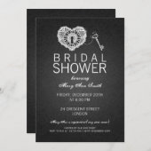 マイブライダルシャワーエレガント鍵からハートブラック 招待状 (正面/裏面)