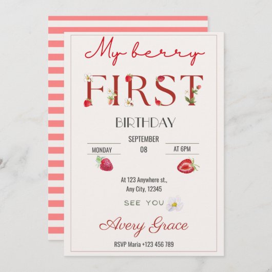 マイベリーファースト誕生日かわいいイチゴ 招待状 (正面/裏面)