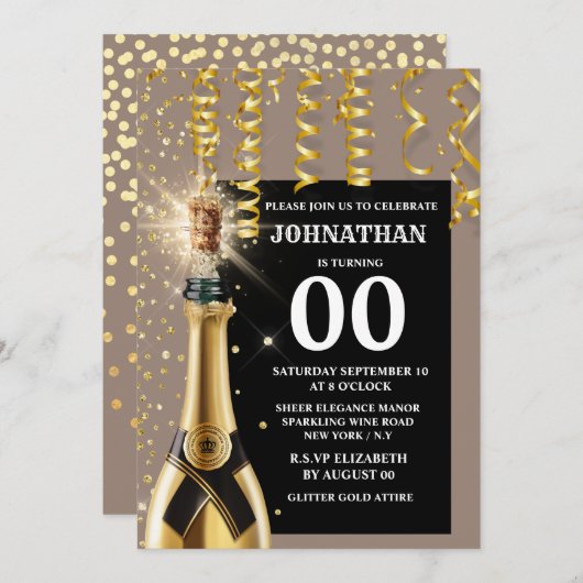 マイルスきらめくトワイン金ゴールドブルーグリッター任意の年齢 招待状 (正面/裏面)