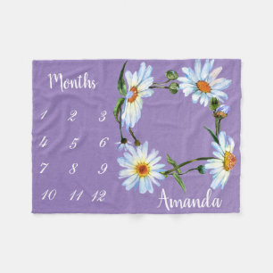 マイルストンデイジー水彩紫色の写真記念 フリースブランケット