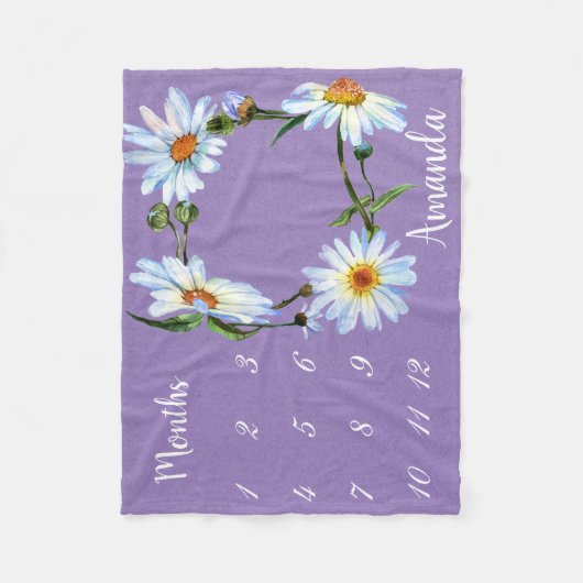 マイルストンデイジー水彩紫色の写真記念 フリースブランケット (正面)