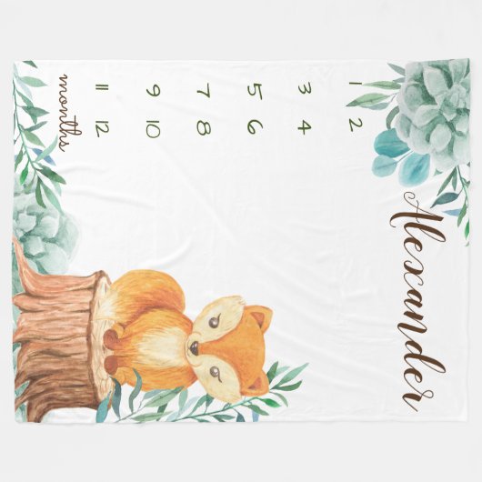 マイルストン水彩ウッドランドフォレストフォックス フリースブランケット (正面(横))