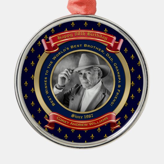 マイルストン誕生日金ゴールド写真80th80ブルーレッド メタルオーナメント (正面)