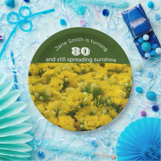 マイルストーンお祝いイエローフローラ80誕生日 ペーパープレート (パーティー)