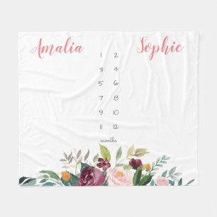 マイルストーンの双子の女の子、水彩の花ピンク フリースブランケット