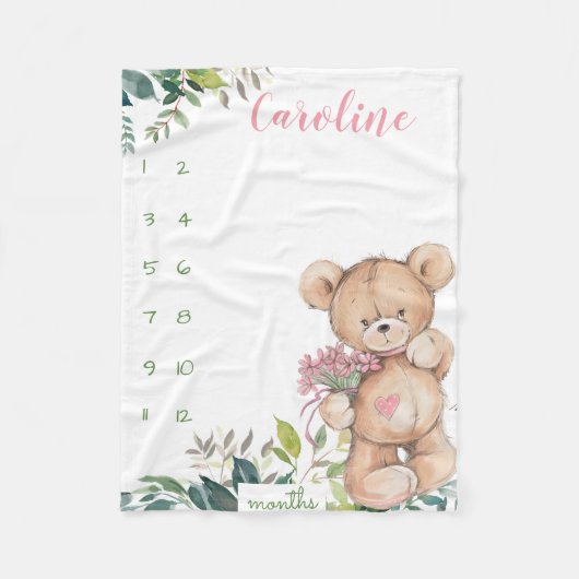 マイルストーンの成長トラッカー水の色teddy bear フリースブランケット (正面)