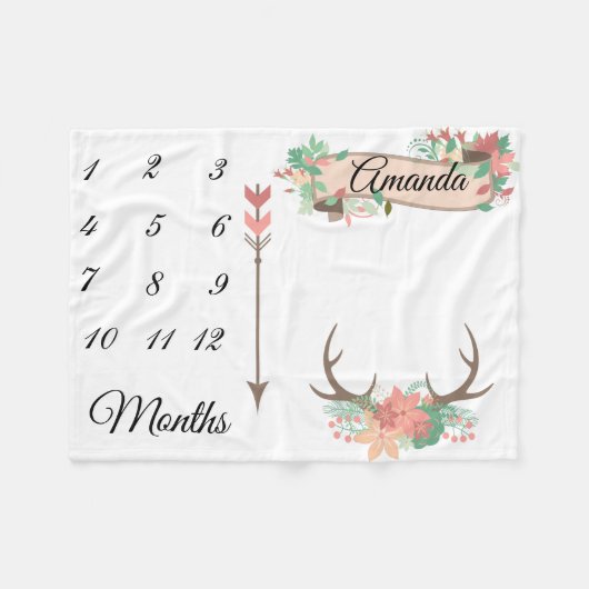 マイルストーンシックアントラーアローフラワーズベビー記念 フリースブランケット (正面(横))