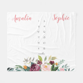 マイルストーンツインベビーガールウォーターの花ピンク フリースブランケット