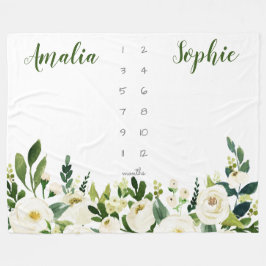 マイルストーンツインベビーガールウォーター色の花 フリースブランケット