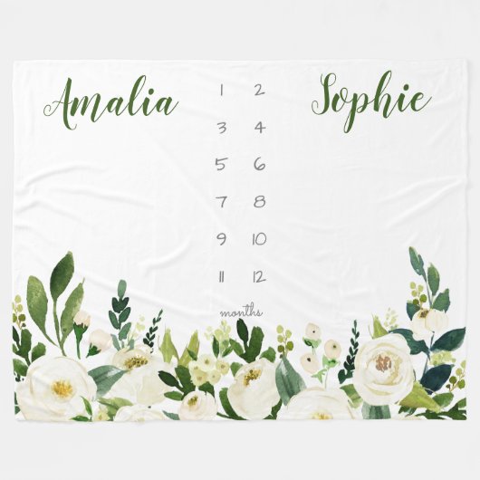 マイルストーンツインベビーガールウォーター色の花 フリースブランケット (正面(横))