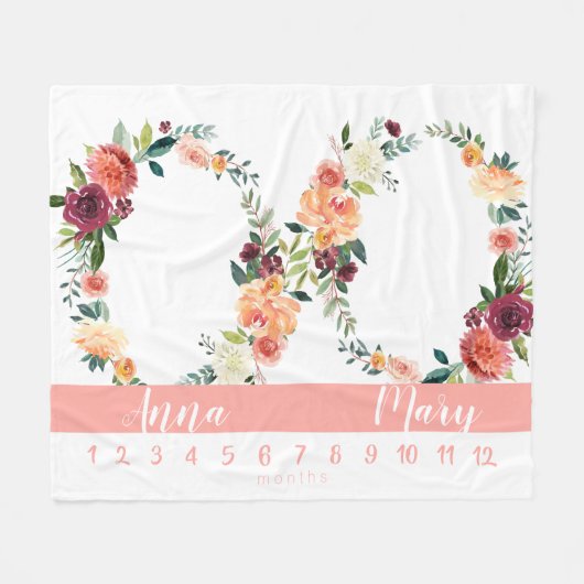 マイルストーンツインベビーガールピーチの成長チャート フリースブランケット (正面(横))